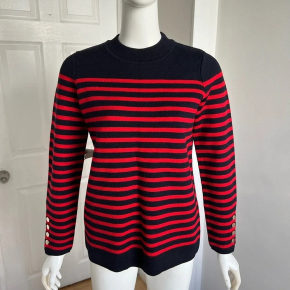 Sandro Stripped Red Black Crew Neck Wool Blend Sweater Sz Small S - Picture 2 of 10